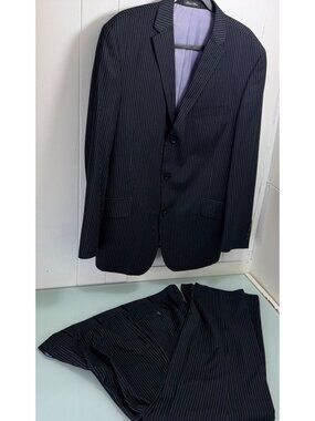 Billy London 2 Piece Suit Men 46R Blazer 40X32 Pants Black Pinstripe 3 Button